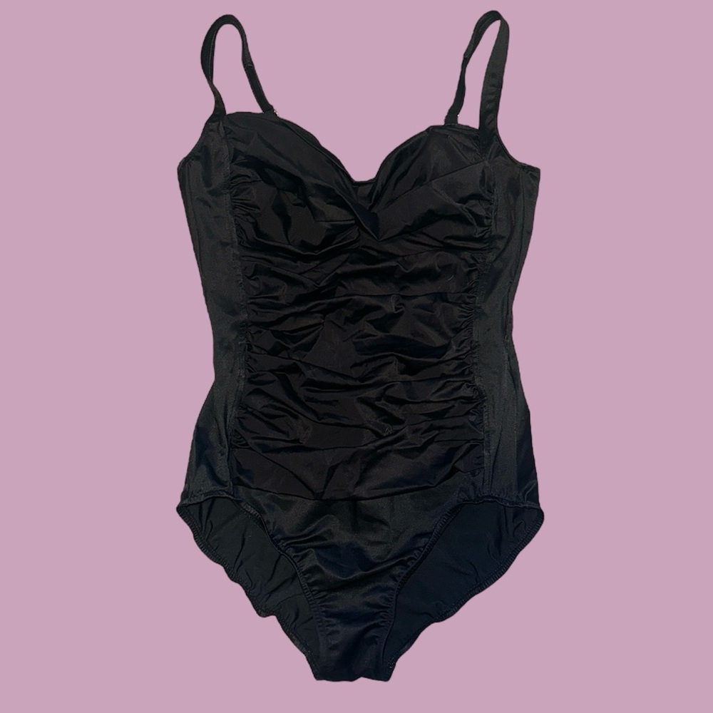 Pinup Style Black Ruched One Piece Bathing Suit Retro